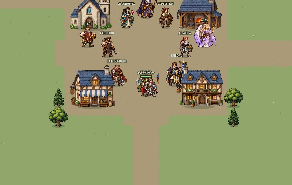 NPCs e serviços reunidos na praça.